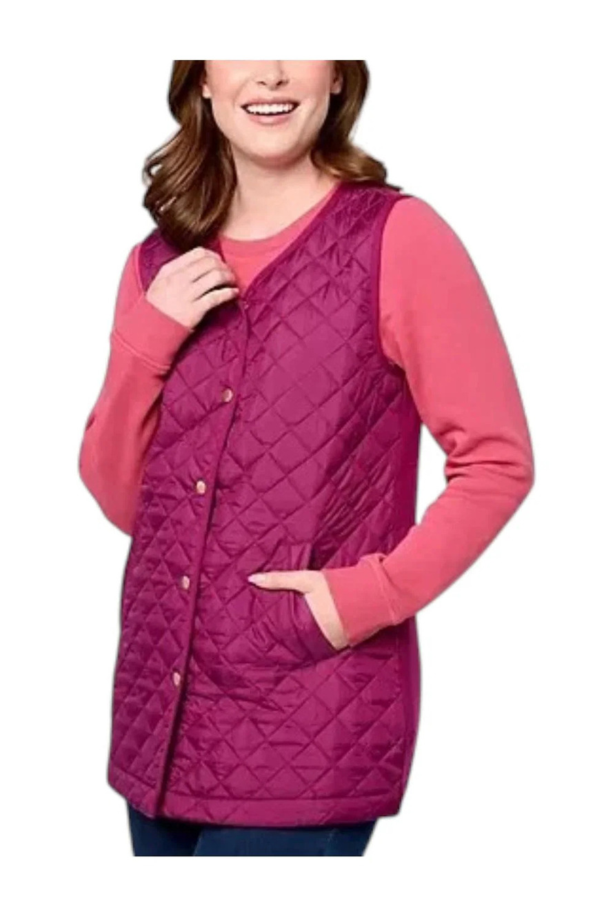 Denim & Co. Women's Quilted Sweater Snap Front Tunic Vest Berry - Regular